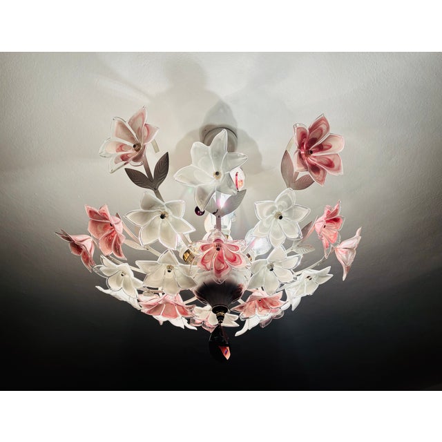 Art Deco Vintage Murano Style Floral Chandelier – Romantic Pink & White Glass Bouquet Light For Sale - Image 3 of 17