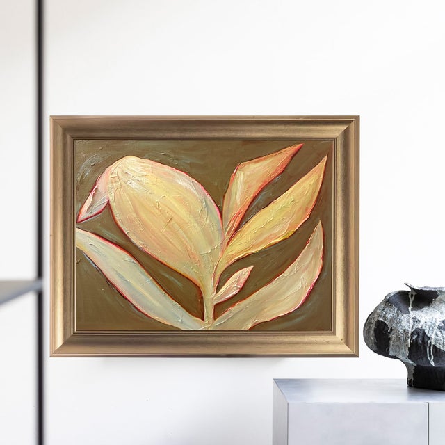 2020s Original Tulip Bud Painting in Brushed Gold Frame, Oil on Canvas, 17" W X 21" H by Tatiana Duperault For Sale - Image 5 of 5