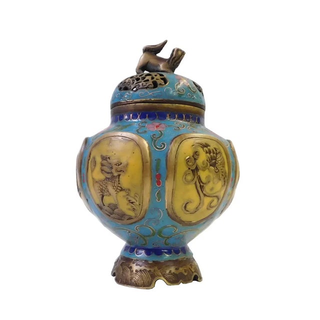 Chinese Vintage Chinese Metal Enamel Cloisonne Burner For Sale - Image 3 of 7