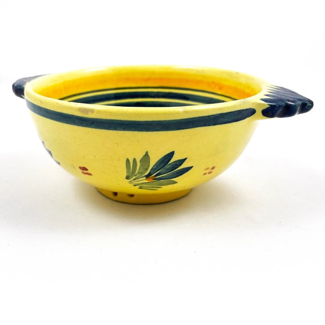 Vintage Henriot Quimper handled bowl in classic Soleil Yellow pattern with Breton Woman & floral motif. Signed on reverse:...