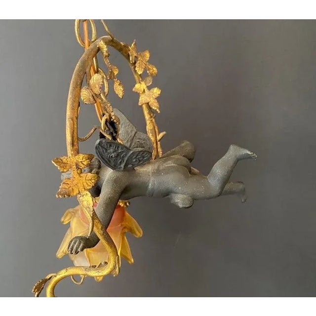 Metal French Art Nouveau Bonze Flying Putto Cherub & Lalique Frosted Glass Tulip Shades For Sale - Image 7 of 11
