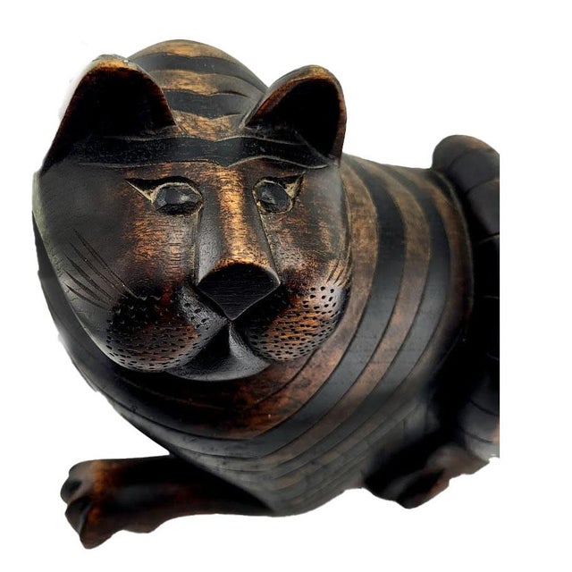 Whimsical Anglo Indian Carved Mahogany Cat with a curious expression. Features a Secret Compartment (Stash) on the bottom....