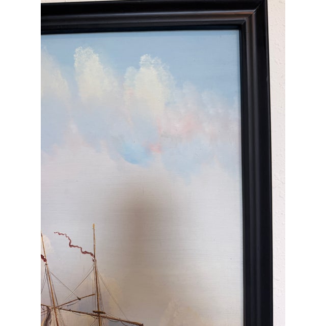 Blue Large Maritime Naval Battle Oil Painting Signed K. Bosen Sailing Ships Seascape For Sale - Image 8 of 11
