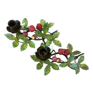 Vintage Italian Hand Painted Tole Strawberry Candle Holders / Botanical Floral Candlesticks, a Pair For Sale