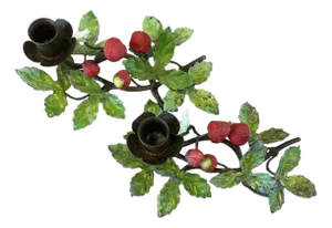 Vintage Italian Hand Painted Tole Strawberry Candle Holders / Botanical Floral Candlesticks, a Pair