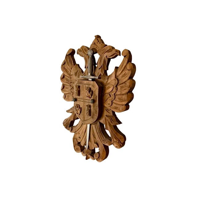 Traditional Late 20th Century Shield Double Headed Eagle Hand Carved Wood With Sword Plaque Vintage Coat Arms For Sale - Image 3 of 6