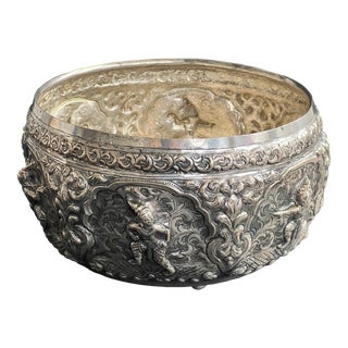 Vintage Large Thai Burmese Silver Offering Bowl with Repousse Figures For Sale
