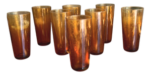 Large Vintage Tumblers in Amber Bubble Glass, France, 1970s, Set of 8