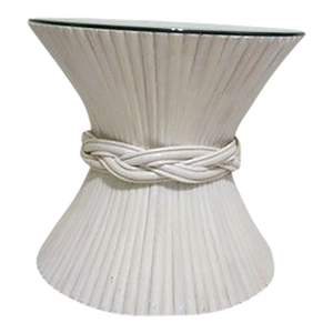 1990s Vintage McGuire Style Rattan Sheaf of Wheat Pedestal End Table Glass Top