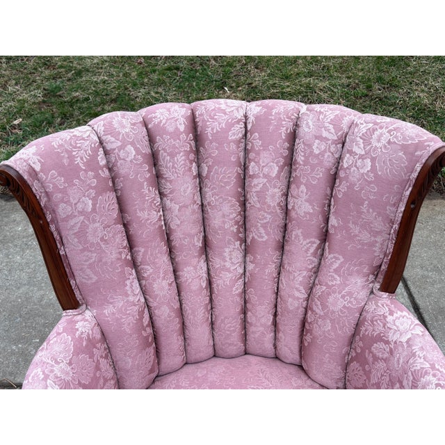 Queen Anne Vintage Pink Floral Channel Back Upholstered Chair For Sale - Image 3 of 13