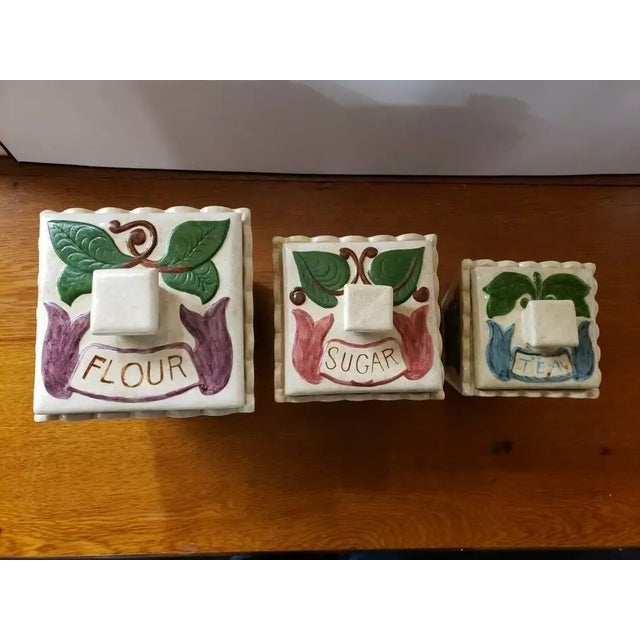 1960s 1969 Handmade Ceramic Canisters With Floral Motif, Flour, Sugar & Tea- Set of 3 For Sale - Image 5 of 7