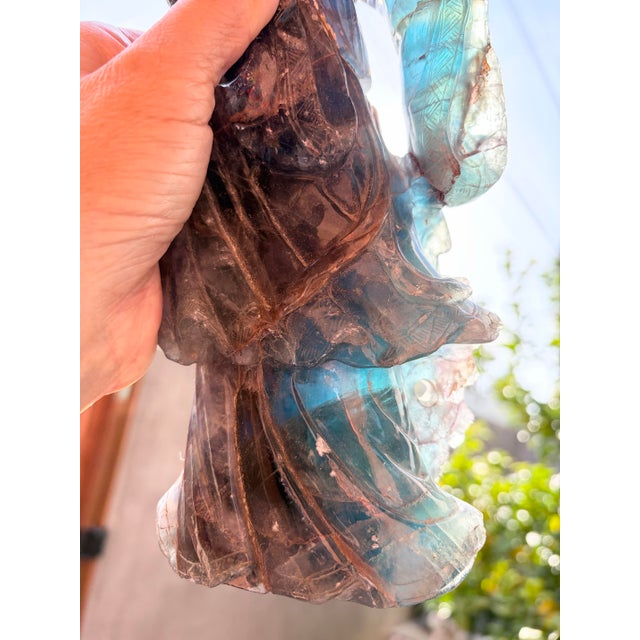 Gemstone Antique Chinese Qing Dynasty 8.4lb Rainbow Fluorite Carved Lady Figure W/ Stand For Sale - Image 7 of 12