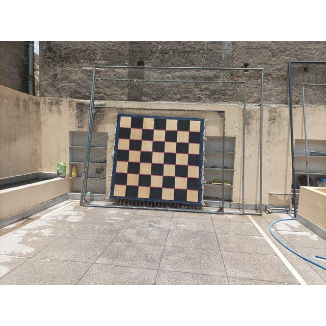 Handmade Reversible Cotton Vegetable Dyed Cream, Brown and Blue Checker Board Area Rug-6'x9' For Sale - Image 6 of 12