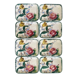 Vintage Italian Hand-Painted Floral Snack Plates With Cup Rests - Set of 8 For Sale