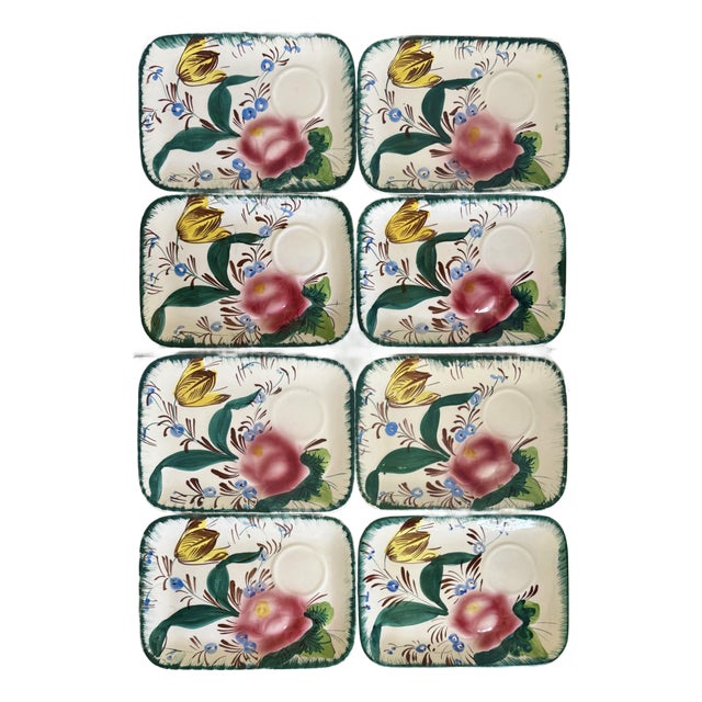 Vintage Italian Hand-Painted Floral Snack Plates With Cup Rests - Set of 8 For Sale