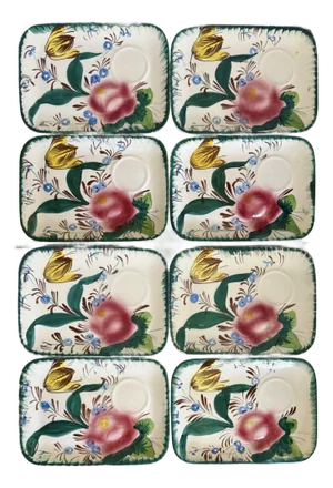 Vintage Italian Hand-Painted Floral Snack Plates With Cup Rests - Set of 8