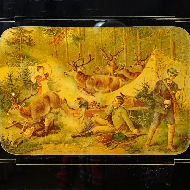 Victorian Antique Oil Print With Hunting Party Overrun by Deer 19th For Sale - Image 3 of 8