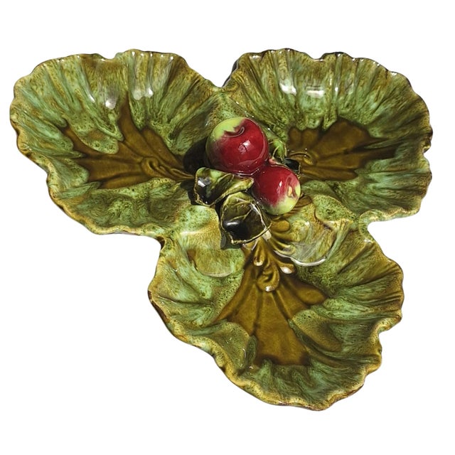 Boho Chic LastChance!1970's Majolica Style California Pottery Serving Plate in Moss Green For Sale - Image 3 of 10