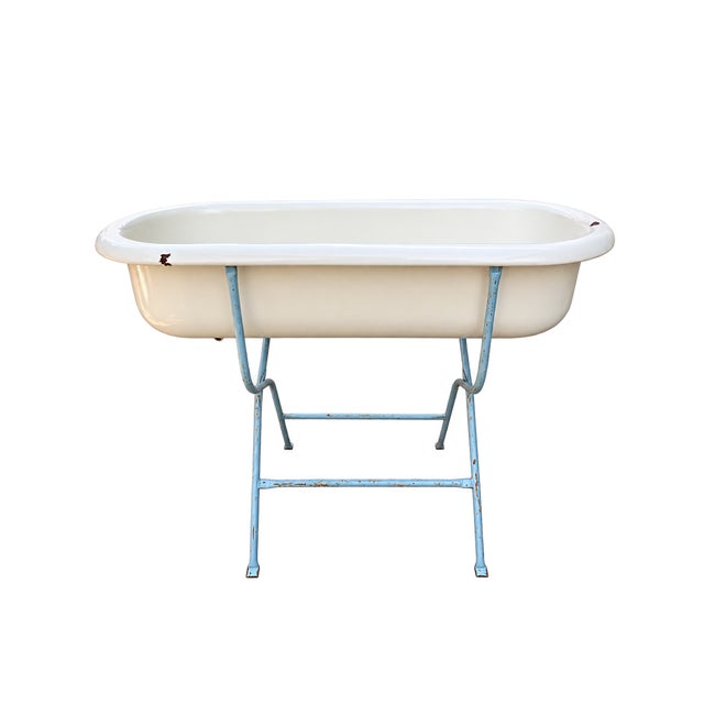 Farmhouse Vintage Hungarian White Enamel Bathtub With Pale Blue Metal Stand For Sale - Image 3 of 7
