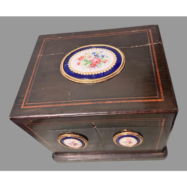 Antique Victorian Vanity Keepsake Cabinet Hand Painted Floral Porcelain Plaques In good original condition showing some...