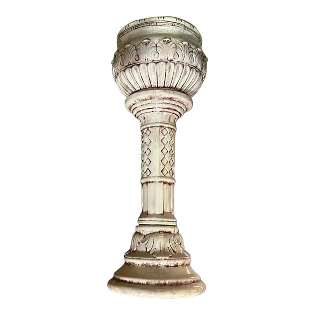 1970s White Ceramic Pedestal Bowl/Fountain With Purple Accents For Sale