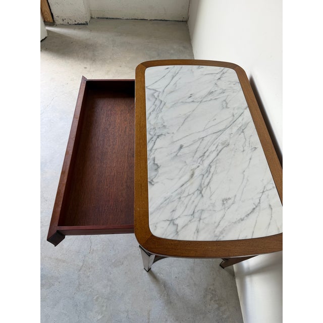 Vintage French Louis XVI Style Mahogany Console Table With White Marble Top, Pull-Out Drawer & Brass Gallery Shelf For Sale - Image 4 of 12