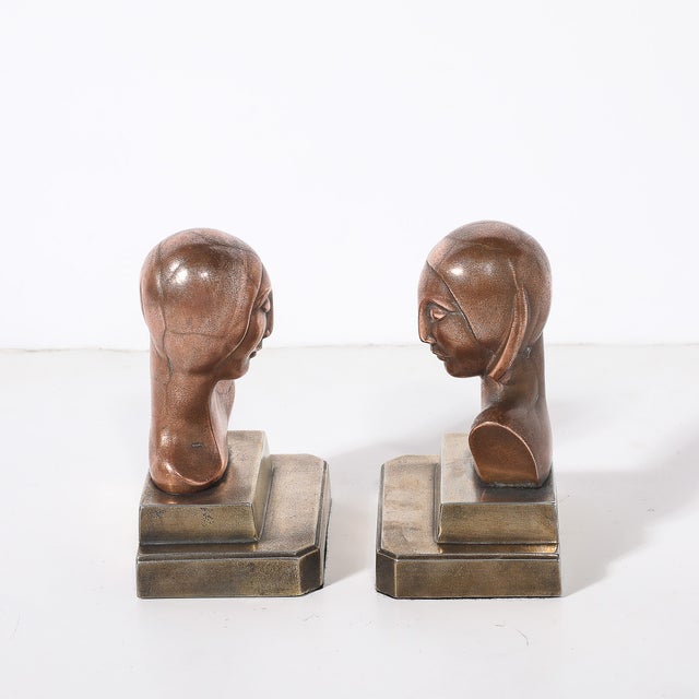 Art Deco Machine Age Flapper Bookends in Copper & Antique Brass Signed Frankarts For Sale - Image 9 of 10