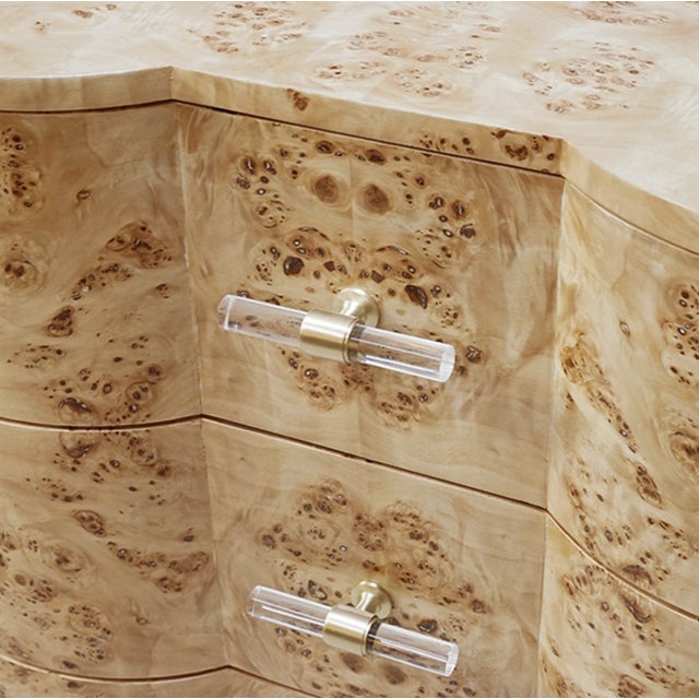 2020s Matthew Izzo Home Calvin Light Burlwood Three Drawer Side Table With Acrylic and Brass Drawer Pulls For Sale - Image 5 of 7