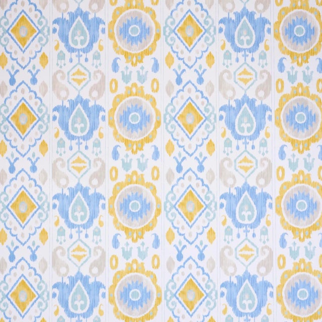 Schumacher Elizia Wallpaper in Sky & Ochre For Sale In New York - Image 6 of 6