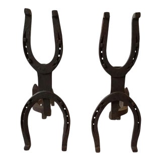 1950s Iron Horseshoe Andirons - A Pair For Sale