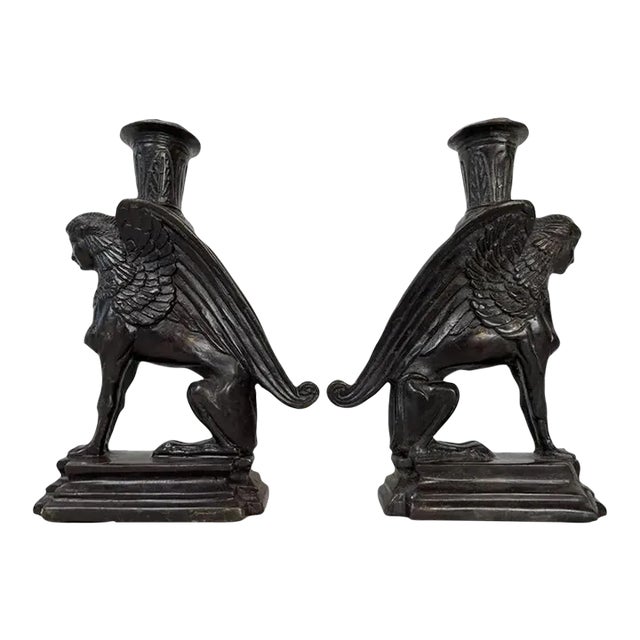 Pair of Art-Deco Iron Sphinx Candleholders For Sale