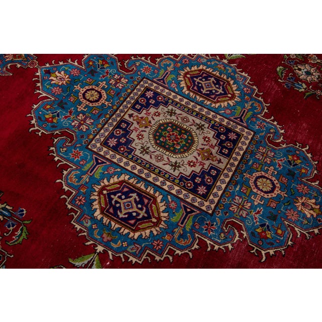 Persian 1950s Red Tabriz Persian Wool Rug Handknotted With a Center Medallion Design For Sale - Image 3 of 7