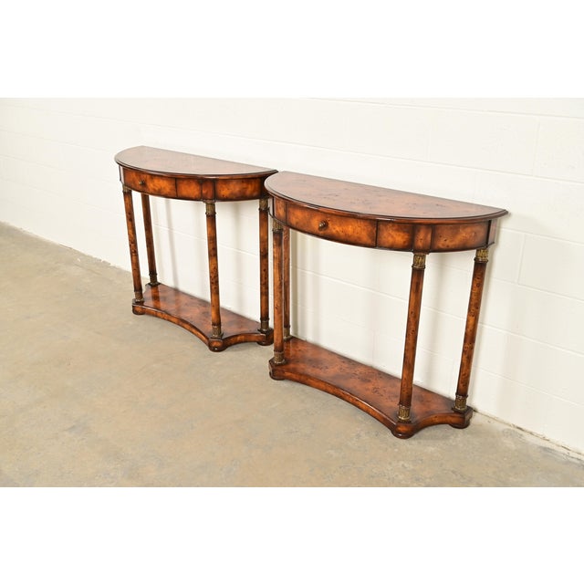 French Maitland Smith Style French Empire Burl Wood and Gold Gilt Demilune Console Tables, Pair For Sale - Image 3 of 12