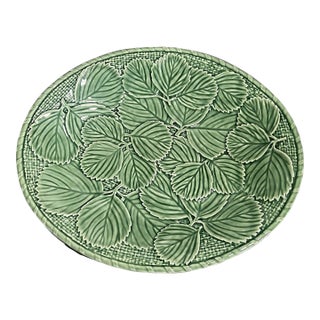 Vintage Bordallo Pinheiro Majolica Strawberry Leaf Serving Platter For Sale