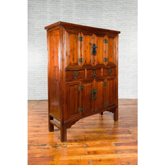 Brown Chinese Qing Dynasty 19th Century Accordion Doors Cabinet with Three Drawers For Sale - Image 8 of 13