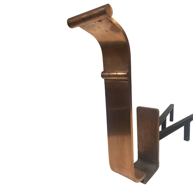 Metal 1930s Art Deco Modernist Copper and Iron Firedogs / Andirons, Pair For Sale - Image 7 of 8