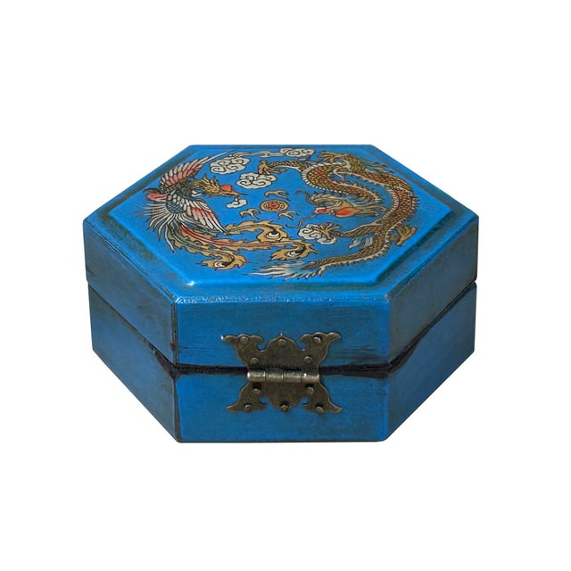 Oriental Cerulean Blue Dragon Phoenix Graphic Hexagonal Container Box For Sale - Image 4 of 8