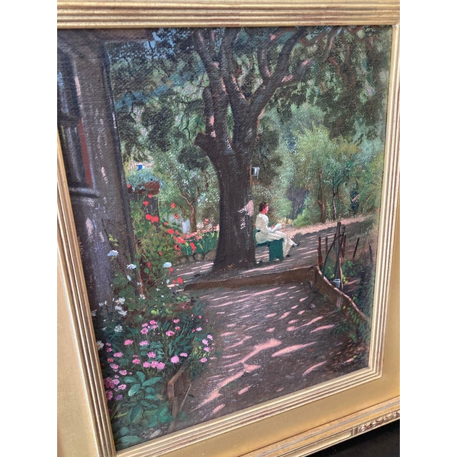 Associated American Artists Important American Heritage Art Walter I. Cox 1866 - 1930 Lady Under a Tree Signed W.I.Cox. (Lower Right) Oil on Board Americana For Sale - Image 4 of 10
