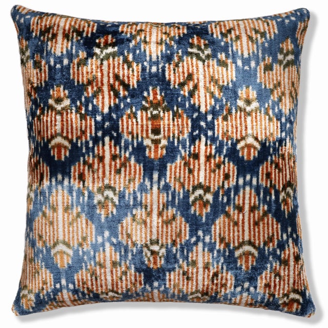 Mid-Century Modern Blue Ikat Silk Velvet Pillow 20x20 | Handmade Designer Accent Cushion For Sale - Image 3 of 7