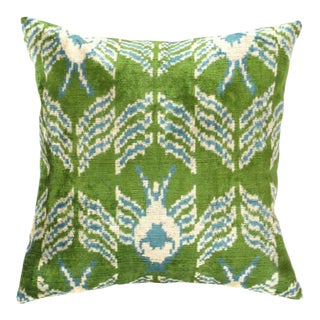 Green Color Turkish Silk Ikat Pillow 20'' X 20'' For Sale