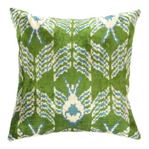 Green Color Turkish Silk Ikat Pillow 20'' X 20'' For Sale