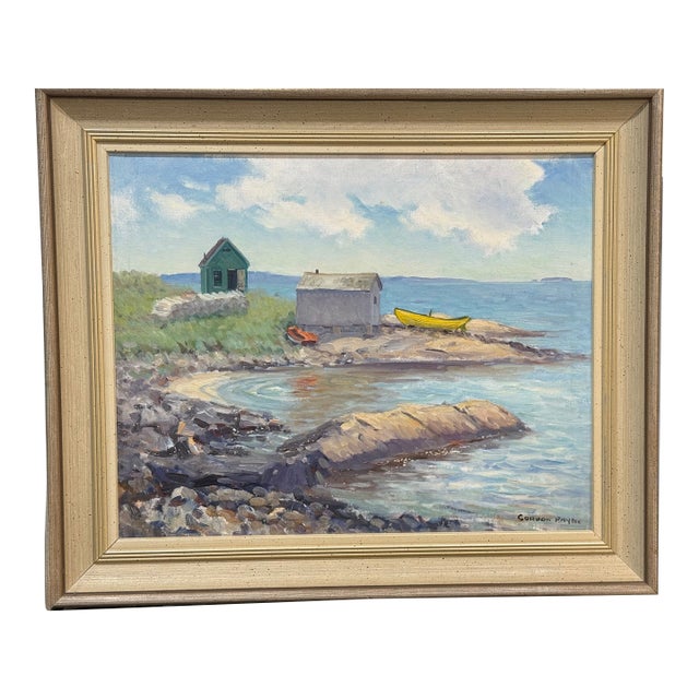 1960s Fish Houses, Summerville Oil Painting on Board Signed by Canadian Gordon Payne For Sale