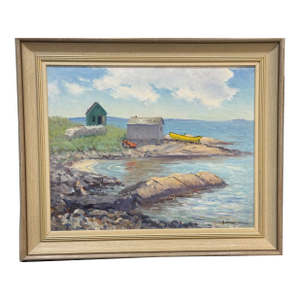 1960s Fish Houses, Summerville Oil Painting on Board Signed by Canadian Gordon Payne