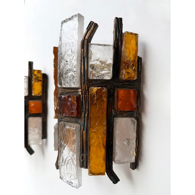 1970s 1970s Hammered Glass Wrought Iron Sconces by Longobard - Set of 4 For Sale - Image 5 of 12