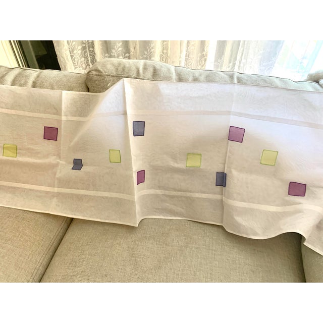 2000 - 2009 Pottery Barn Table Runner Embroidered Colored Patches Purple Blue Green on White Cotton Fabric For Sale - Image 5 of 12