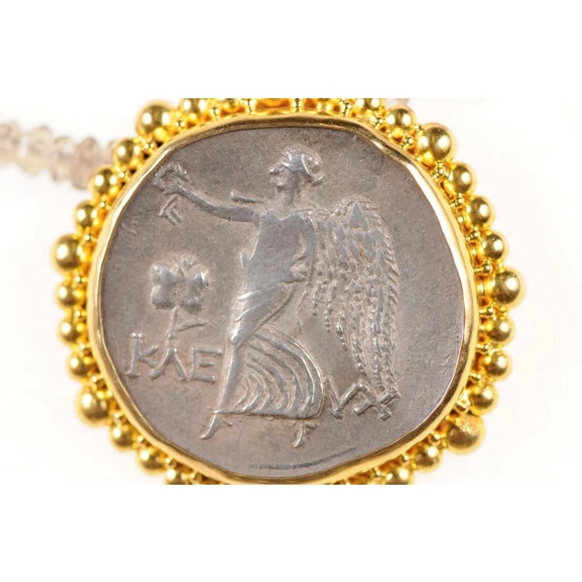 Metal Antique Ancient Greek Coin in 22k Gold Pendant For Sale - Image 7 of 8
