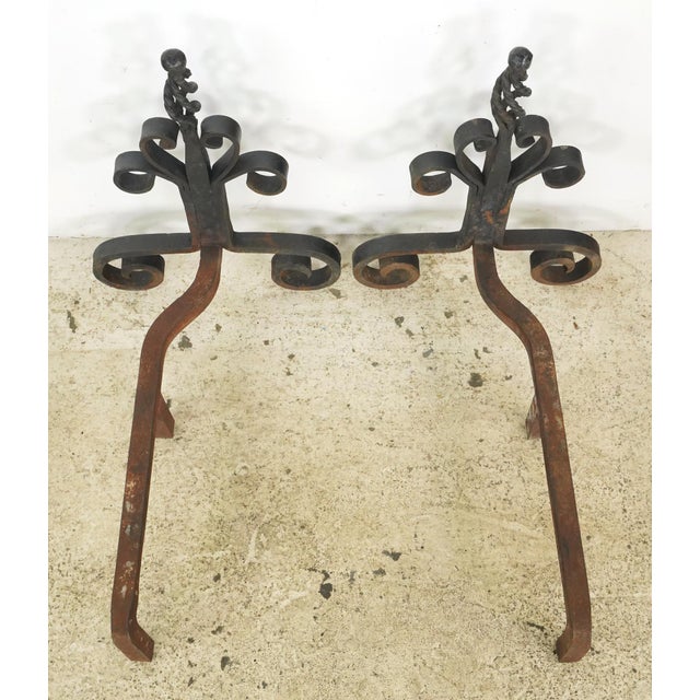 Pair of Antique French Wrought Iron Andirons For Sale - Image 9 of 9