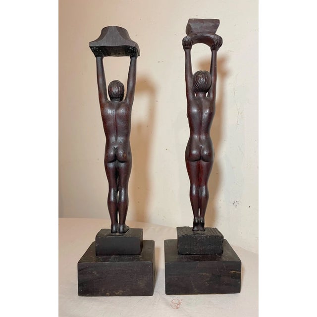 Wood Pair of Antique Carved Newcombe Wood Nude Lady Man Sculpture Candlestick Statue For Sale - Image 7 of 16