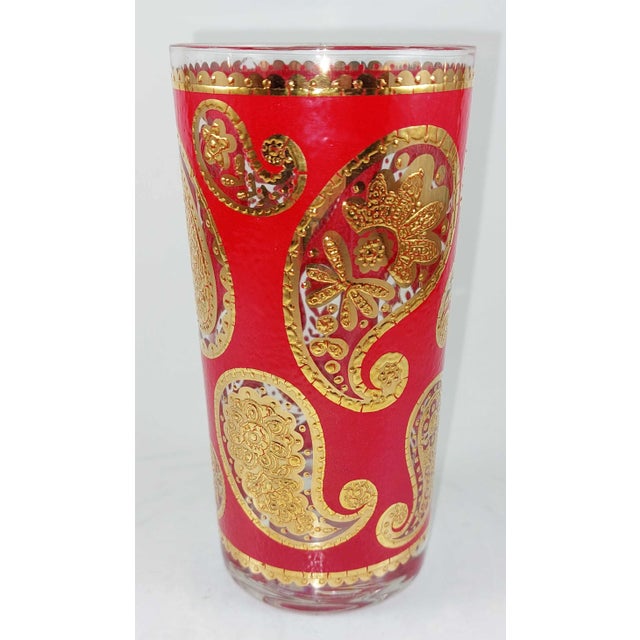 Culver Ltd. Set 8 MCM Culver 22k Gold & Red Paisley Highball Glasses Tumblers W/ Carrier For Sale - Image 4 of 9