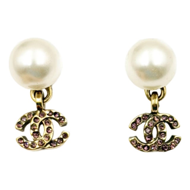 Chanel Vintage Pearl Gold Plated CC Fuchsia Crystal Piercing Earrings, Pair For Sale